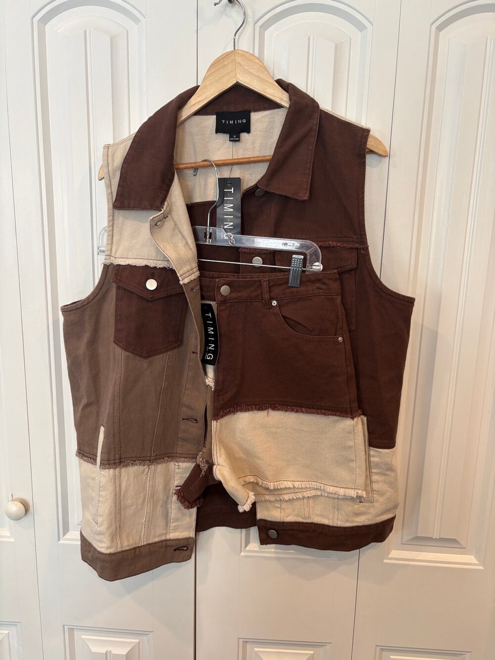 Timing Brown And Tan Patchwork Denim Vest And Shorts Size Medium